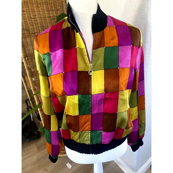 St. John Sport by Marie Gray Jackets & Blazers - ST. JOHN SPORT MARIE GRAY Bomber Jacket Zip SILK SZ S Color Block 80s Wool Boho
